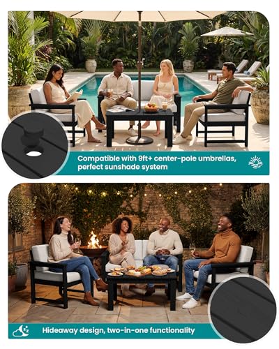 Image of SERWALL 2 Pieces Single Cushioned Sofa Armchair, Black HDPE Adirondack Outdoor Sofa Lounge with Khaki Cushion