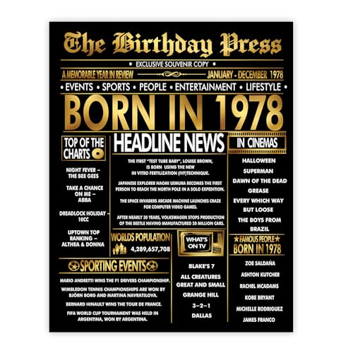Stuff4 Poster dorato per 47° compleanno, senza cornice, giornale Golden Born In 1978, "Happy 47 Birthday for Men Women Retro Vintage Gifts Back In 1978, 20,3 x 25,4 cm, decorazione per feste di