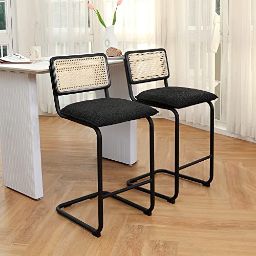 Onevog Rattan Counter Height Chairs, 29.3-Inch Tall Stools For Kitchen Counter With Boucle Fabric Seat, Black Bar Chair Steel Frame For Kitchen Island, Bistro Pub With Boucle Fabric(Set Of 2) #TOP2