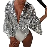 Body Mujer Fiesta Manga Larga, Bodies de Lentejuelas Sexy v Cuello Tops Body de Mujer de Vestir Bodi Elegantes