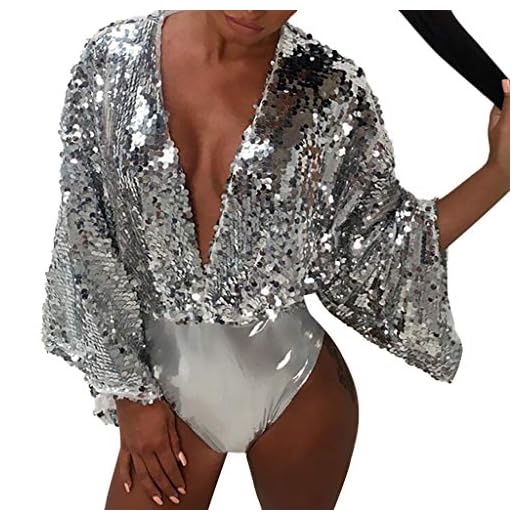 Body Mujer Fiesta Manga Larga, Bodies de Lentejuelas Sexy v Cuello Tops Body de Mujer de Vestir Bodi Elegantes