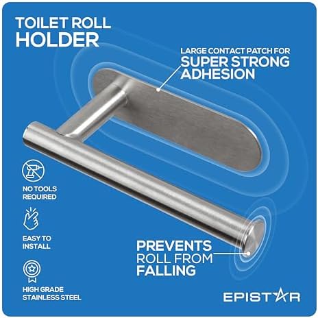 EPISTAR Toilet Roll Holder | Self Adhesive Bathroom Accessory | Wall Mounted | No Drill Required | Brushed Matte Finish | Black or Chrome (Stainless Steel, Silver)