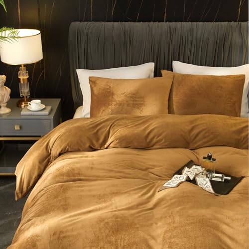 Ivellow Velvet Flannel Duvet Cover King Size Rust Duvet Cover King Velvet Comforter Cover Set Ultra Soft Breathable Cozy Velour Duvet Cover Solid Luxury Bedding Set Zipper Closure Corner Ties