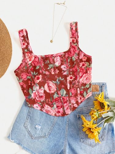 Image of mikuchiku Women's Floral Corset Tank Top, Printed, Sleeveless Crop Top