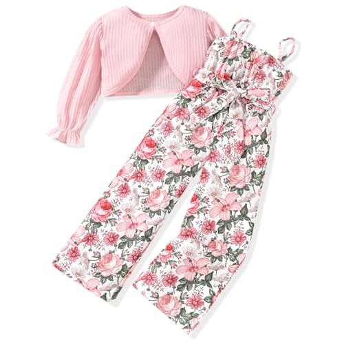 4T Toddler Little Girl 2 Piece Fall Outfits Long Sleeve Ribbed Knitted Cardigan And Sleeveless Floral Jumpsuit Spaghetti Strap Romper Wide Leg Pant Set Winter CLothes Spring Clothing 4-5T Years