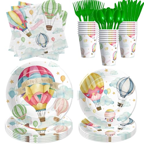 HIPVVILD Hot Air Balloon Decorations Tableware for Birthday Baby Shower - Hot Air Balloon Birthday Party Supplies for Kids, Paper Plates, Napkins, Cups, Disposable Cutlery | Serves 24