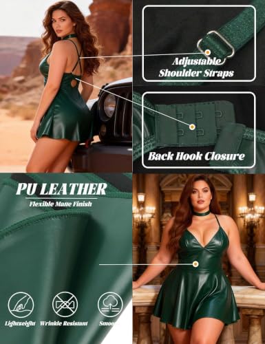 Image of ohyeah Faux Leather Lingerie Set for Women Plus Size PU Lingerie V Neck Backless Babydoll Chemise Mini Lingerie Dress