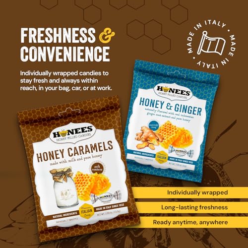 Honees Honey Caramels Hard Candy Individually Wrapped | Natural & Healthy Candy, Italian Made with Milk & Pure Honey, 1 Pack (2.59 oz) - image 7