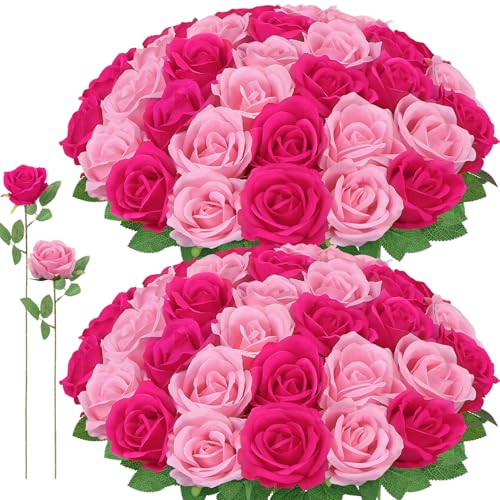Ovveroche 72 Pcs Artificial Roses Hot Pink, Pink Fake Silk Roses Realistic Roses Faux Flower Indoor Wedding Home Decor, Birthday Decorations