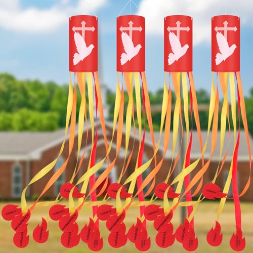 Amyhill 4 Pack 24 Inch Sunday Windsocks Come Holy Spirit Christian Religious Holiday Party Decorations Heavy Duty Ripstop Red Windsocks for Church Garden Lawn Outdoor Indoor Decor(Pentecost)