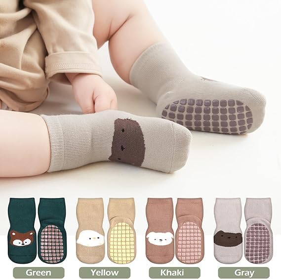 ZINLEY Baby Anti-Slip Cartoon Socks for Boys & Girls | Soft Cotton Non-Skid Socks with Grips for Infants & Toddlers | Breathable, Stretchable, Cute Animal Printed Baby Footwear (Cat Socks) 3