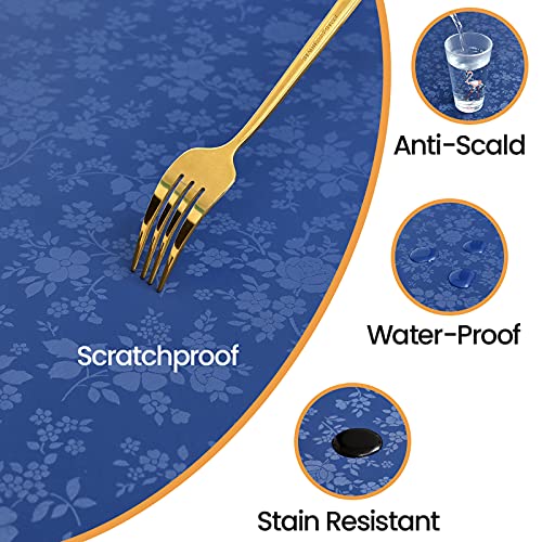 Image of Romanstile Waterproof Vinyl Tablecloth Round, 60 x 60 Inch, Rose Navy Blue