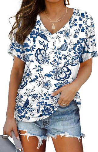 Image of WIHOLL Womens Summer T-Shirts Short Sleeve V Neck Dolman Tops with Side Shirring Loose Fit Shirts Spring Fashion