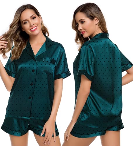Image of LecGee Womens Silk Satin Pajamas Short Sleeve Loungewear Two-Piece Sleepwear Button-Down Pj Set Deep Green Dots Large