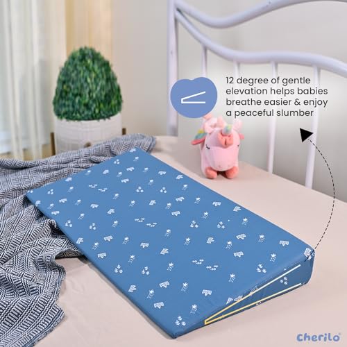 Image of Cherilo Full Size Elevated Wedge Baby Pillows for New Born, Pillow for Kids, Crib & Mattress, Prevents Acid Reflux, Colic, GERD, Heat Burn & Vomiting, 28 inch x 14 inch x 3.5 inch - with Cover, Star Design, Blue