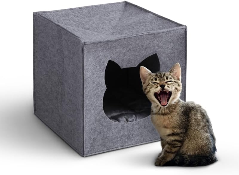 Bestlivings Katzenhöhle aus Filz für Regale (33 x 33 x 33 cm) Öko-Tex – Katzenkorb mit Kuschelkissen – faltbares Katzenbett – Höhle für Katzen – Haustierbett