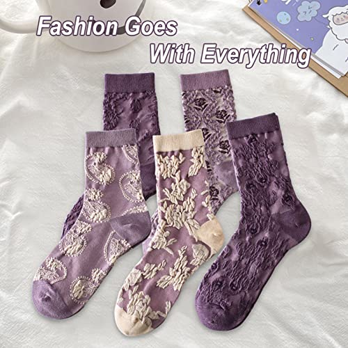 Image of 5 Pack Cute Womens Floral Socks, Vintage Embroidered Frilly Floral Ankle Cotton Cottagecore Socks