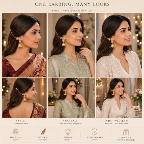 Image of Shreyadzines Gold Plated Jhumka Earrings with Ear Chain for Women | Traditional gold plated jhumka earrings with attached ear chain, wedding jewelry, lightweight support design