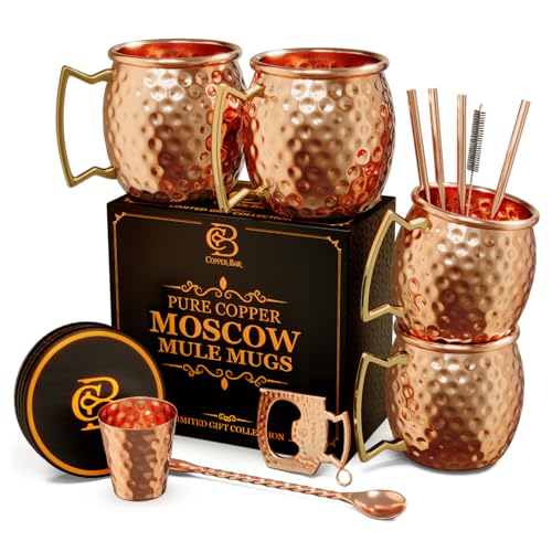Comparison: Best Copper Moscow Mule Mugs 5 COPPER-BAR Moscow Mule Copper Mugs - Unique HANDCREFTED Gift Set of 4, Hammered by Artisan, 100% Pure Solid Copper Cups 16oz for Drinking Water & Cocktails, Include 12 Pcs accessories & Special Opener