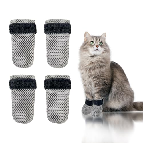 Image of 4Pcs Cat Scratch Cover for Nursing Rehabilitation, Adjustable Cat Bath Gloves, Anti-Scratch Pet Grooming Booties for Bathing