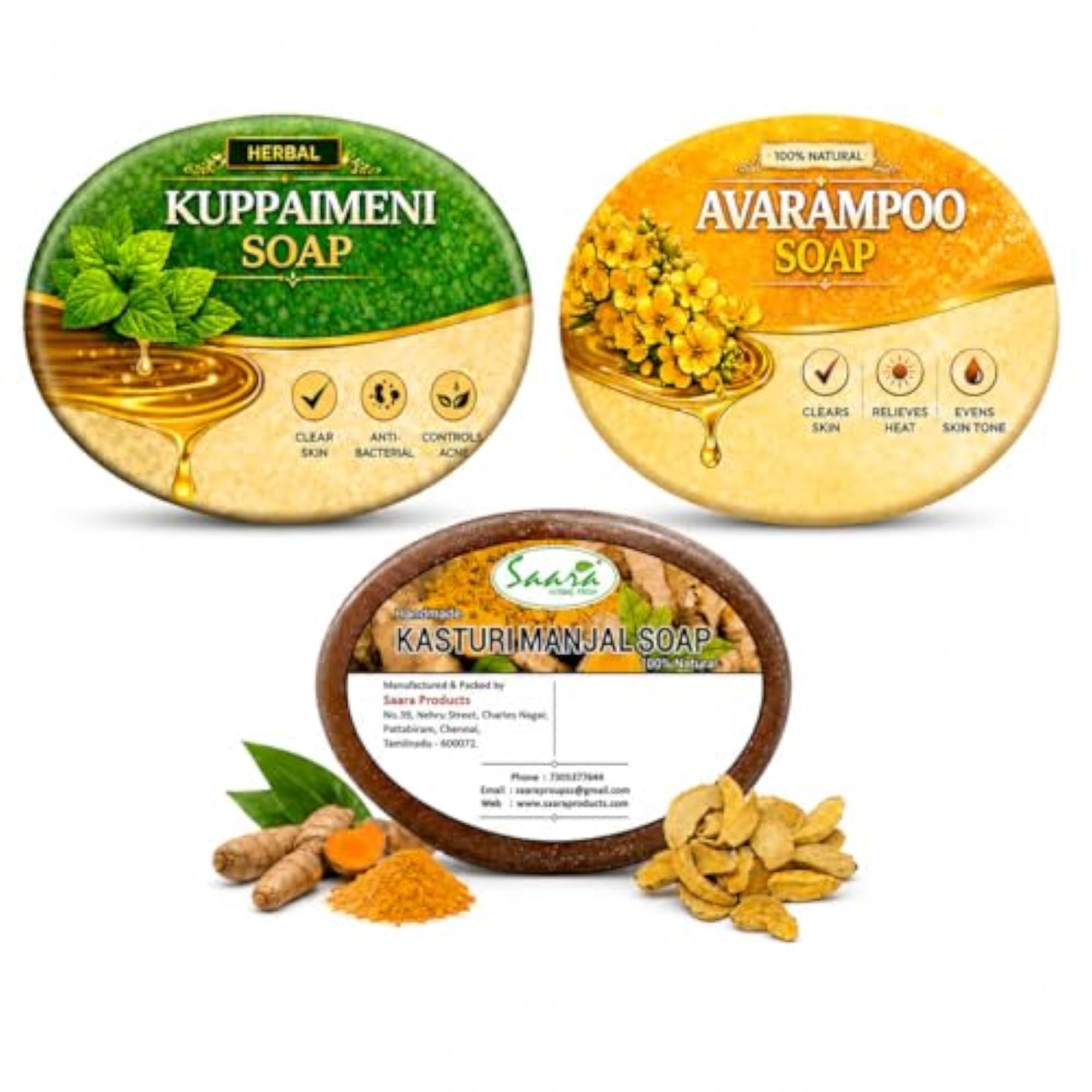 Handmade Soaps Combo with Avarampoo, Kuppaimeni, Wild Turmeric, 270g
