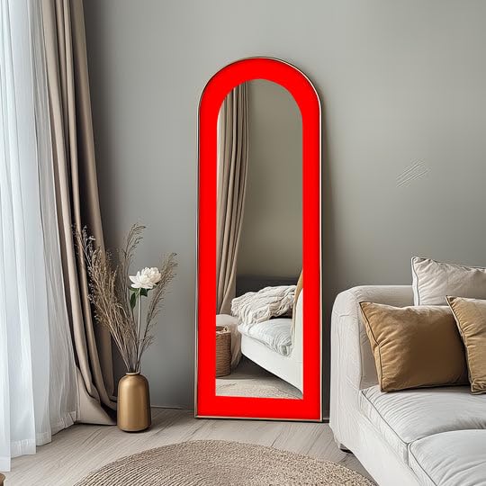 Specchio da terra astratto a lunghezza intera, 68,3 x 168,2 cm, rosso, specchio da pavimento colorato con cornice nera