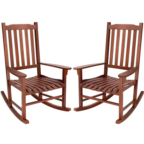PrimeZone Outdoor Rocking Chair for Adult Set of 2, Heavy Duty FSC Certified Acacia Wood Patio Chairs, High Back Weather Resistant Porch Rocker, Wooden Rocker for Garden, Backyard, Lawn, Ind