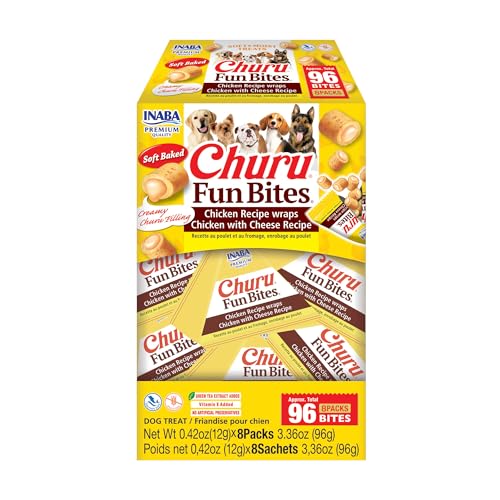 INABA Churu Fun Bites for Dogs Soft & Chewy Dog Treats with Vitamin E 0.42 Ounces per Tetra 8 Tetras per Box Chicken with Cheese Recipe