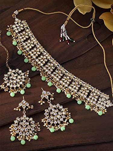 Image of Aheli Elegant Indian Faux Kundan Studded Choker Necklace with Maang Tikka Set Ethnic Wedding Wear Bharatanatyam jewellery set Gift for Women