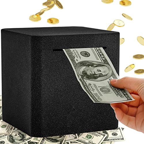 ZEAYEA Piggy Bank for Adults, Stainless Steel Adult Savings Bank to Help Budget and Save, Metal Money Bank Only Savings Box, Must Break to Open, 5.9X5.9X5.9, Black