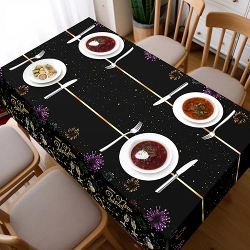 Image of Childom 2 Pack Happy New Year Tablecloths,Happy New Years Decorations 2026,Disposable Rectangular Tablecloths Plastic 54 inchx108 inch,Black and Gold Table Cloth for Home Dining Outdoor Holiday Party Supplies