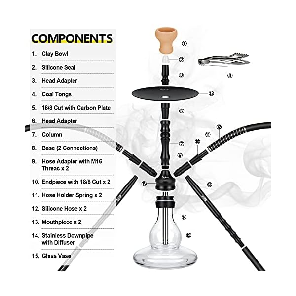 Shisha Set 2 Anschlüssen, günstig Shisha Komplettset Wasserpfeife Alu Schischa 45cm Huka 2 Schlauch, Ink. Shisha Zubehör… – Bild 6