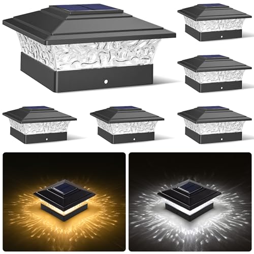Confezione da 6 luci solari per esterni, impermeabili, alimentate a energia solare, per pali in legno/vinile da 4 x 4, luci nere con luce bianca calda/fredda, per giardino, patio, portico, recinzione
