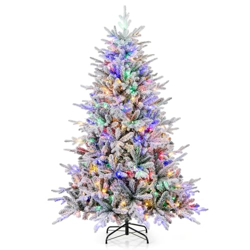 Image of Goplus 6ft Pre-Lit Snow Flocked Christmas Tree, Artificial Hinged Full Xmas Tree with 260 Multicolored LED Lights, 8 Lighting Modes, 820 PVC & PE Tips, Lighted Fake Christmas Tree for Office Home
