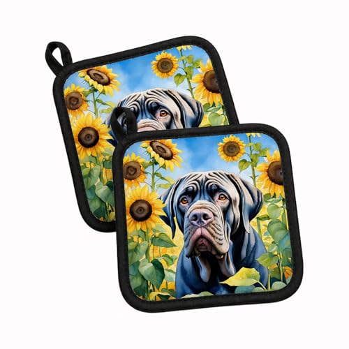 Caroline's Treasures Neapolitan Mastiff in Sunflowers Pair of Pot Holders Kitchen Heat Resistant Pot Holders Sets Oven Hot Pads for Cooking Baking BBQ, 7 1/2 x 7 1/2
