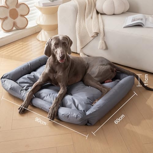 Wasserdicht waschbares Katzen und Hundebett mit Stabiler Seitenwand für kleine mittlere Tiere bis 25kg rutschfest Grau(L, 90x60x11 cm)