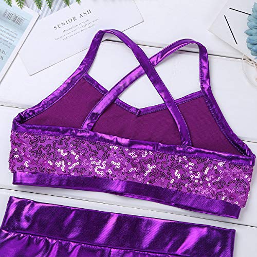 inlzdz Kids Girls Sequins Tankini Set Criss Cross Back Crop Top Tanks with Metallic Bottoms Gymnastics Workout Costume Purple 7-8