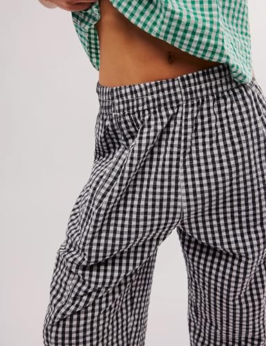 PEHMEA Cotton Gingham Boxer Pants for Women Casual Plaid Harem Trousers Y2K Beach Lounge Bottoms with Pockets2