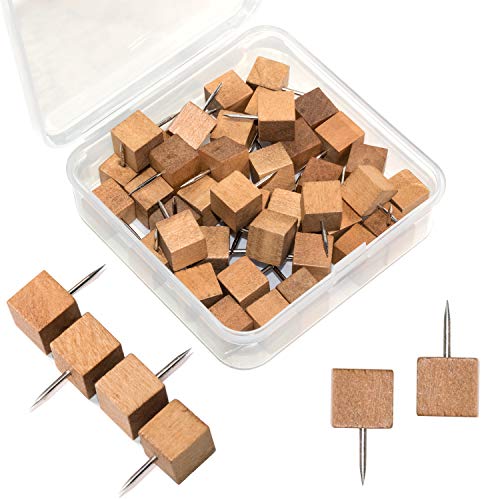 WENTA 40 Pcs Decorative Wooden Push Pins, Walnut, Wood Square Head with Steel Needle Point Thumb Tacks for Documents, Photos, Maps, and Bulletin Boards