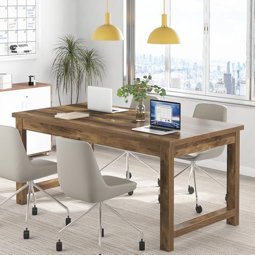 Image of Tribesigns Modern Computer Desk, 63 x 31.5 inch Large Office Desk Computer Table Study Writing Table Workstation for Home Office, Brown Wood