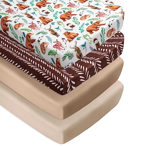 Image of 4 Pack Woodland Forest Animals Wood Neutral Brown Unisex Fitted Baby Crib Sheets Set for Baby Boys or Girls