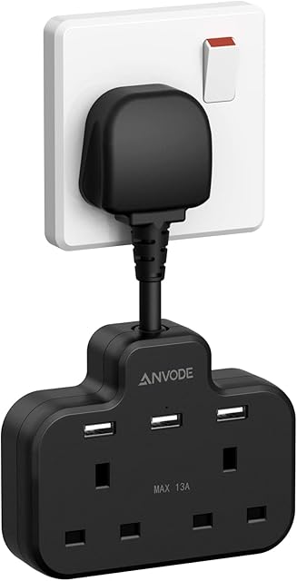 Multi Plug Extension Lead Short Cable with 3 USB Ports, ANVODE 2 Way Plug Adaptor with Flexible Plug, Extension Wall Sockets Adapter for Bedroom, Office and Kitchen (Black)