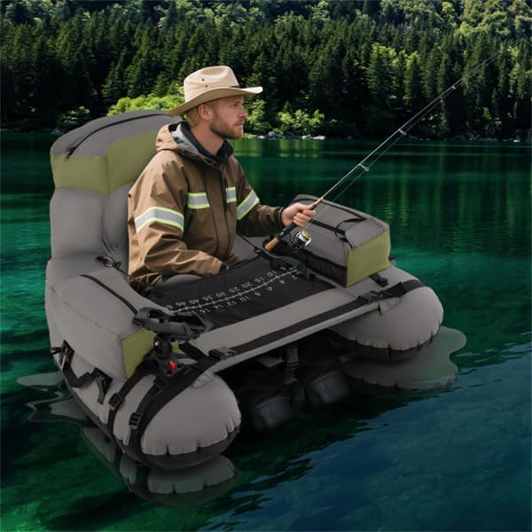 350lbs Inflatable Fishing Float Tube - 2 Air Chambers, Rod Holder+Fish Ruler, Green+Gray
