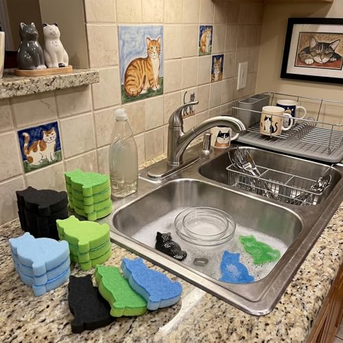 Image of Tioncy 12 Pack Cat Shaped Double Sided Sponge Scrubbers, Cute Cat Dish Sponges, Reusable Non Scratch Kitchen Cleaning Sponges for Dishes, Pots, Sink and Household Cleaning (Black Green Blue)