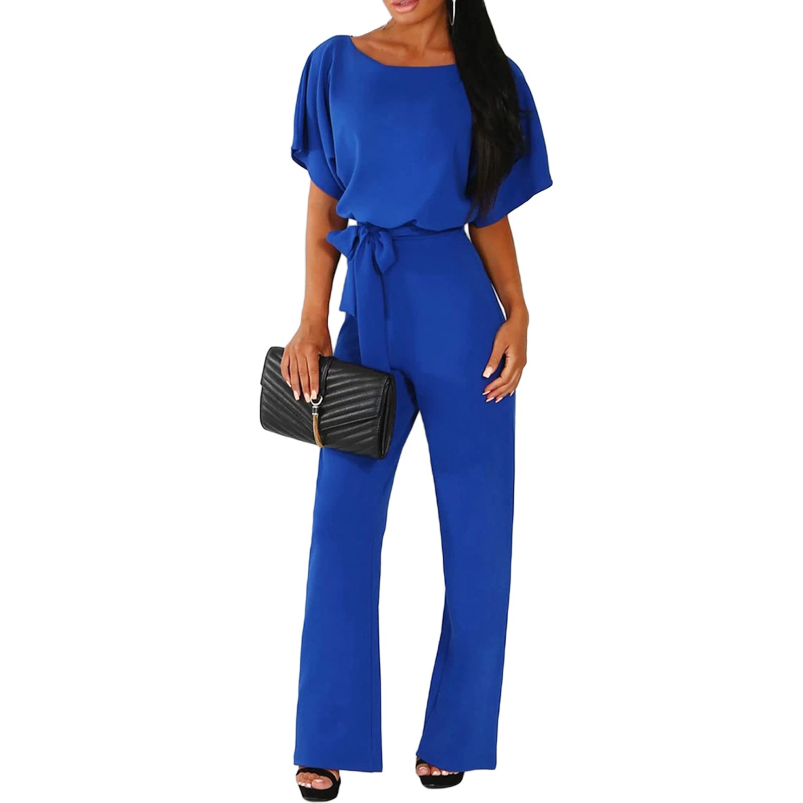 Women Casual Jumpsuit Solid Color Batwing Sleeve Crew Neck Loose Romper with Belt Wide Legs Jumpsuit S-3XL-image-32