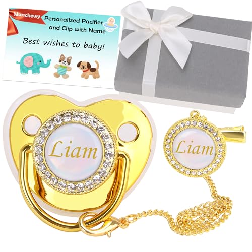 Personalized Pacifier with Name, Bling Gold Pacifier Clip Set with Gift Box Greeting Card,...
