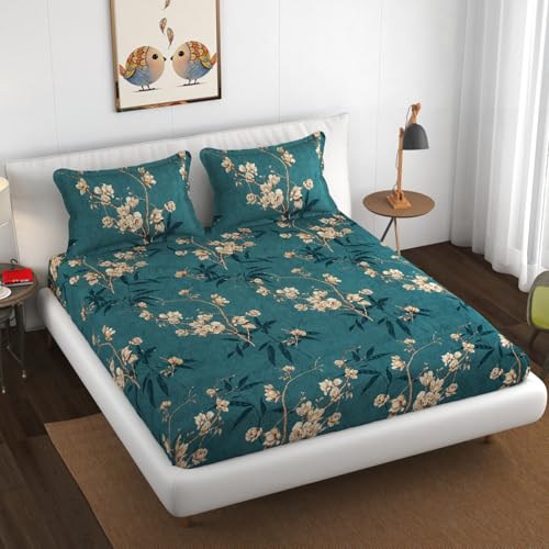 Image of Premium Heavy Cotton Elastic Fitted Bedsheets with 2 King Size Pillow Covers | Double Bed with All Around Elastic 350 TC | 72 x 72 x 10 Inch Queen Size Fitted | :- Green Flower