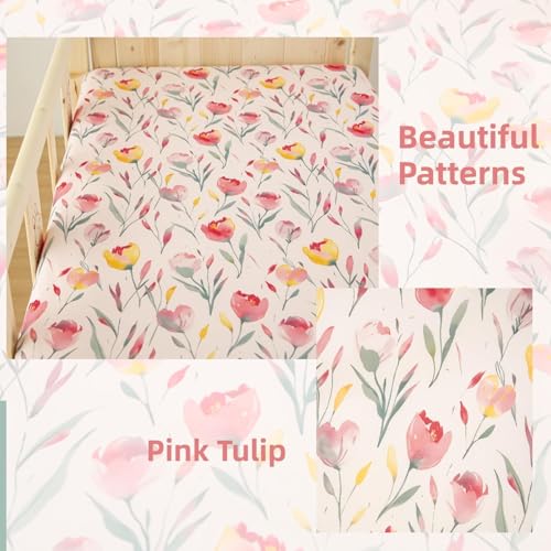 Image of SDIII 2 Pack Pink Floral Crib Sheets for Baby Girl 52x28 Stretchy Microfiber Jersey Knit Pink Crib Sheets for Standard Crib and Toddler Mattress