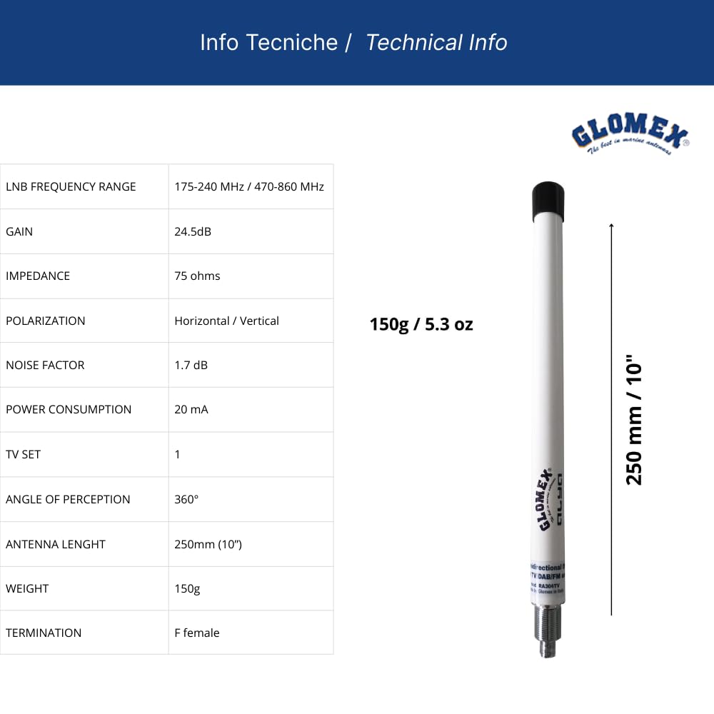 Glomex – Kit d'antenne TV/DAB/FM "Alya" compact 25 cm (Blanc), modèle RA304TV – Amplifié 24,5 dB, Omnidirectionnel, pour voiliers et moteur – Installation rapide complète