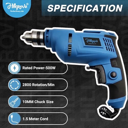 Image of Hillgrove HGCM1091M3 500W Power Drill Machine with 6Pcs Wood Working Hole Saw Drill Bits for Making Holes in Metal /Wood /Concrete with Reverse Rotation and Variable Speed Pistol Drill (10mm Chuck Size)